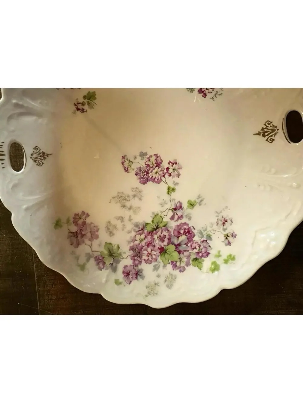 Vintage Floral Porcelain Serving Plate with Handles - 10 Inch, 375g